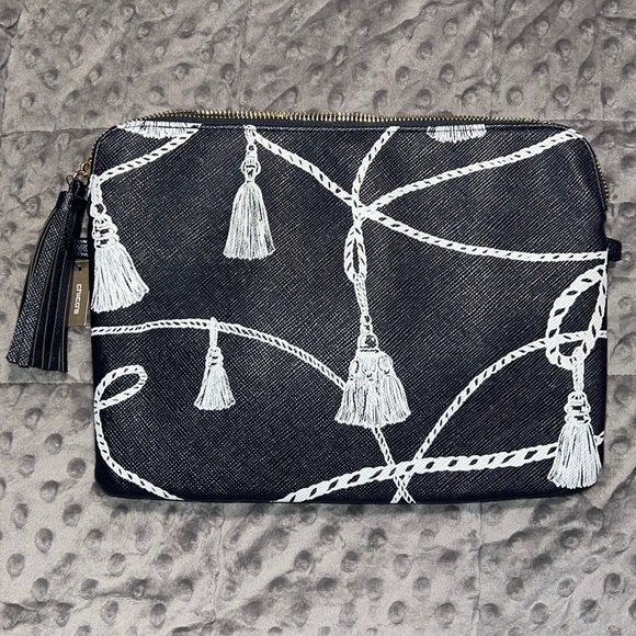Chico’s blue white tassel print tech bag cosmetic pouch navy blue zip close NWT - Picture 1 of 11